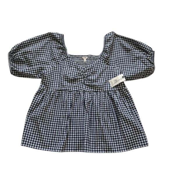 Terra & Sky Top Navy White Gingham Cotton Smocked Short Puff Sleeve Plus 1X NEW - Picture 12 of 12